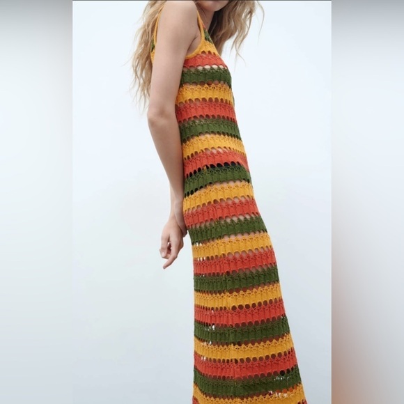 Zara Multi-coloured Striped Crochet Knit Midi Maxi Dress - Picture 2 of 14